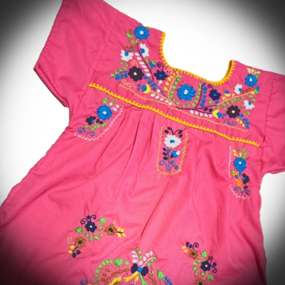 🌟 Girls Small Hand Embroidered Dress Hot Pink Flowers 🌟